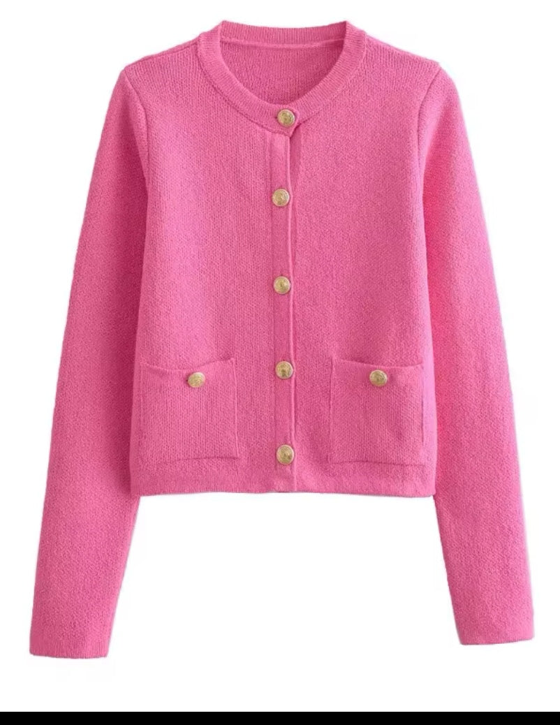 Round Neck Soft Knit Cardigan - Candy Pink  image 1