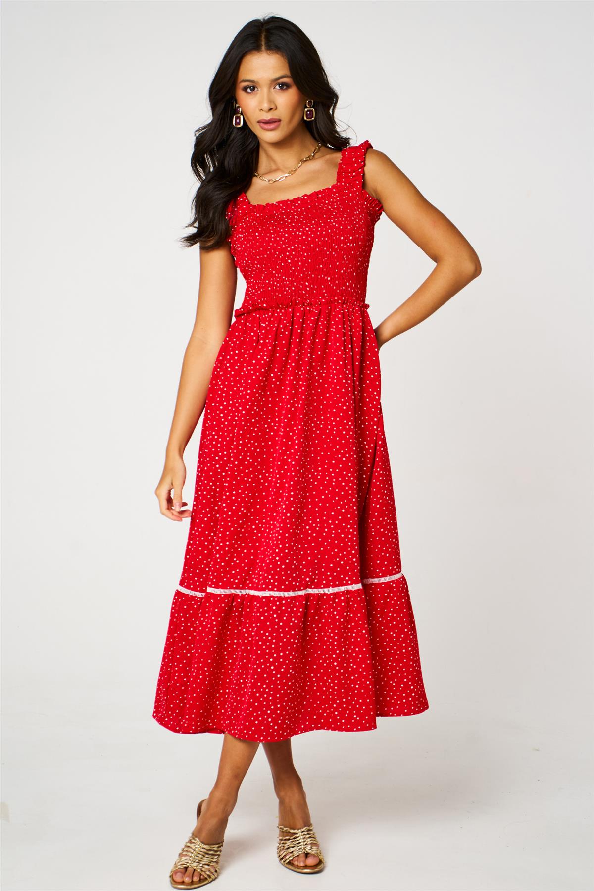 Red Dot Print Hem Detail Maxi Dress