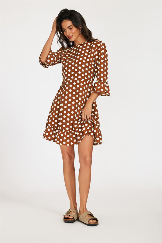 Brown Polka Dot Print Frill Detail Mini Dress