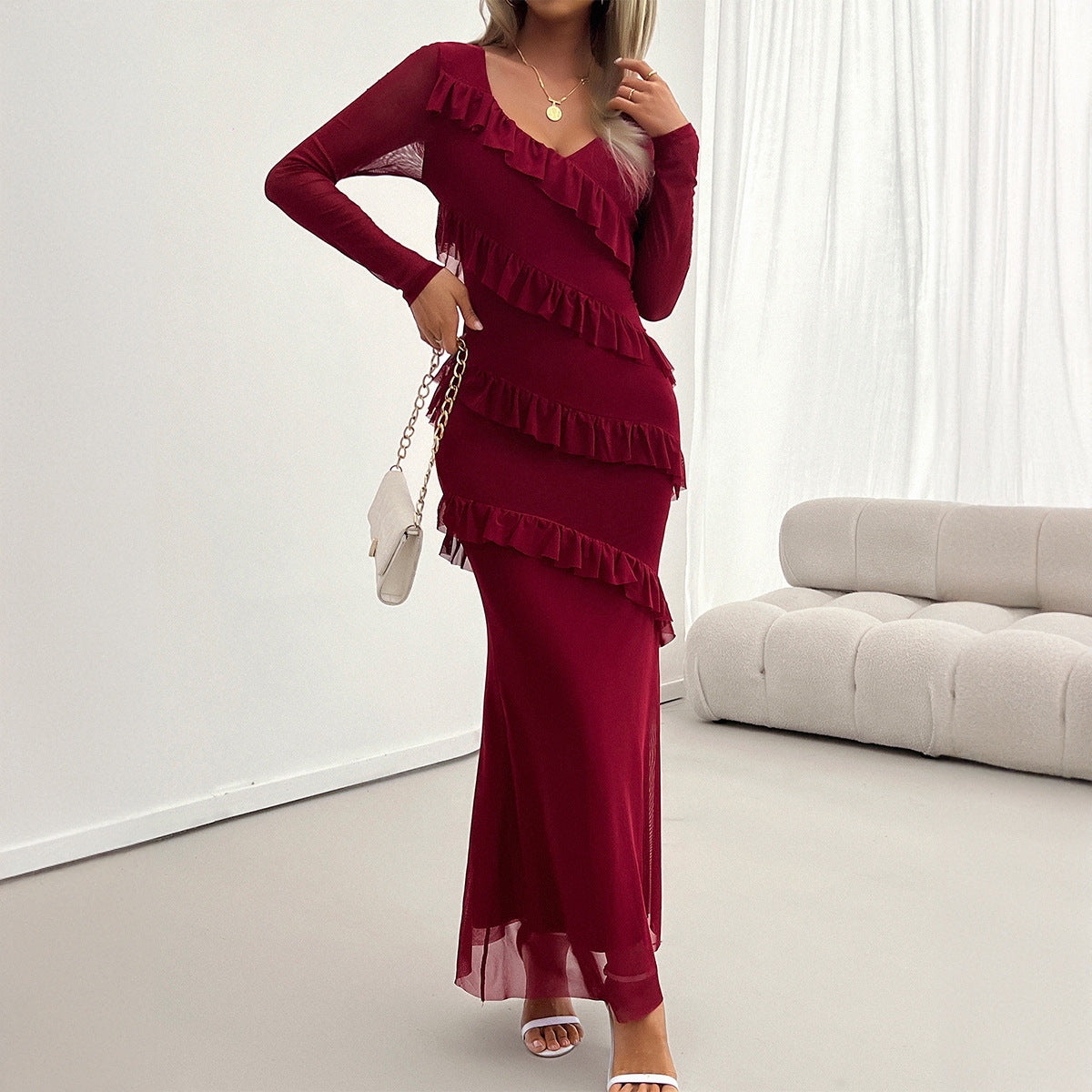 Mesh V-Neck Ruffle Detail Maxi Dress