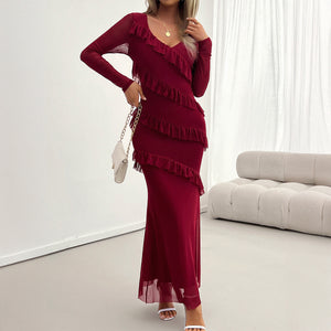 Mesh V-Neck Ruffle Detail Maxi Dress