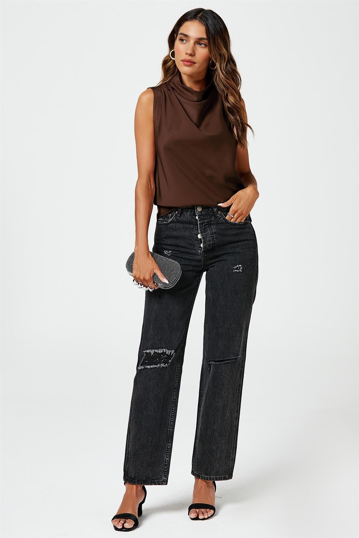 Brown Satin High Neck Sleeveless Blouse