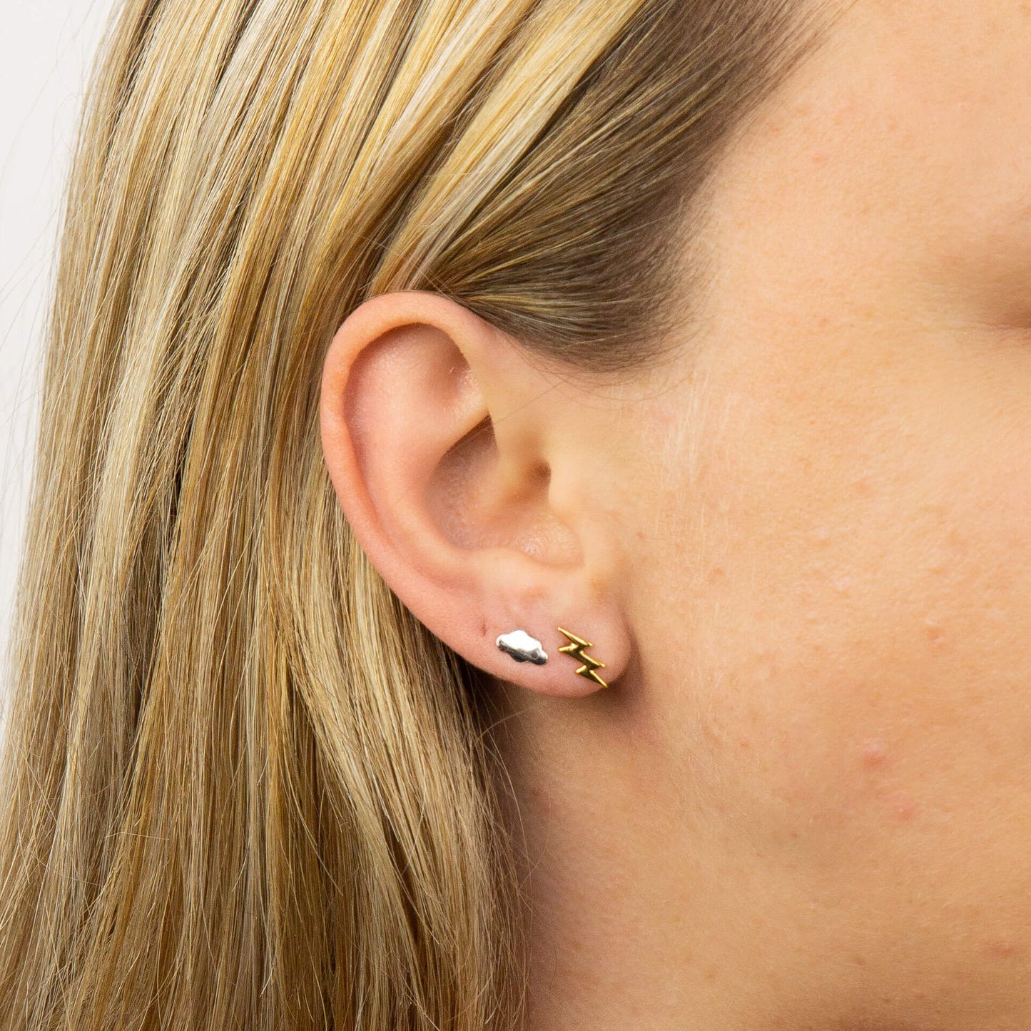 Sterling Silver Cloud and Lightning Bolt Stud Earrings