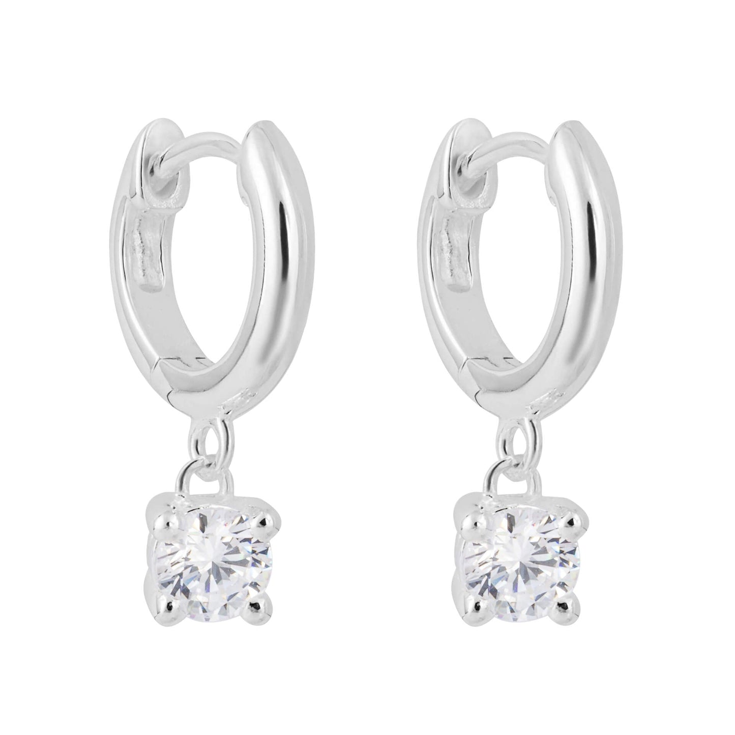 Sterling Silver Huggie Hoop Earrings with Cubic Zirconia Drop Charm