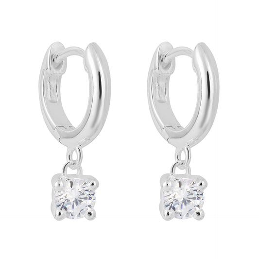 Sterling Silver Huggie Hoop Earrings with Cubic Zirconia Drop Charm