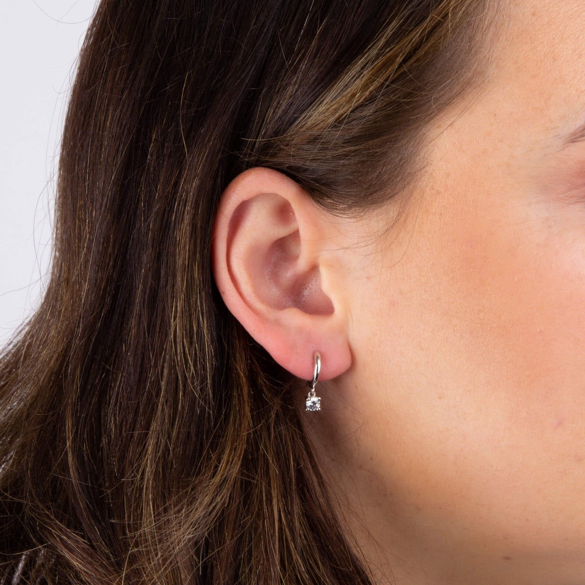 Sterling Silver Huggie Hoop Earrings with Cubic Zirconia Drop Charm