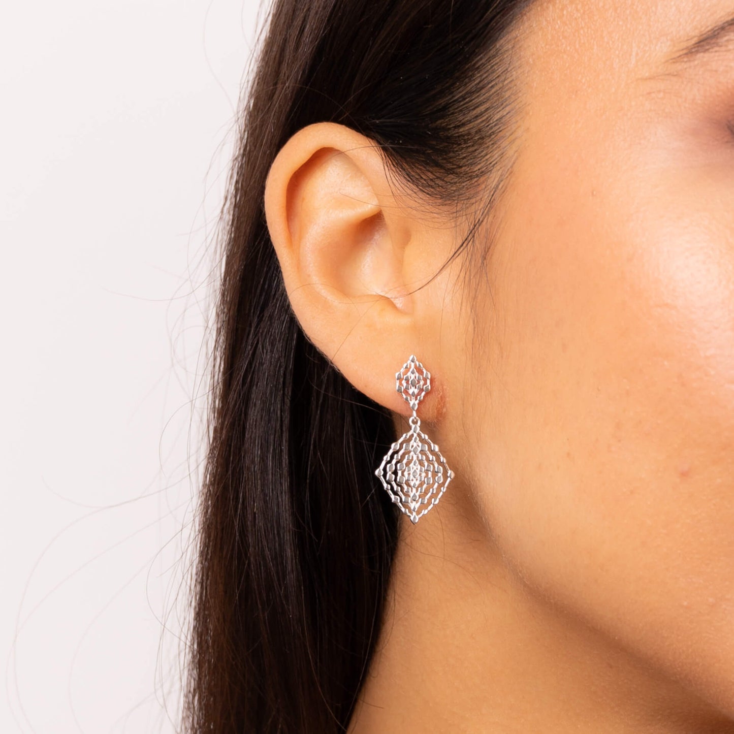 Sterling Silver Geometrical Lace Textured Drop Earrings