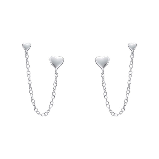Sterling Silver Heart Chain Connector Double Stud Earrings
