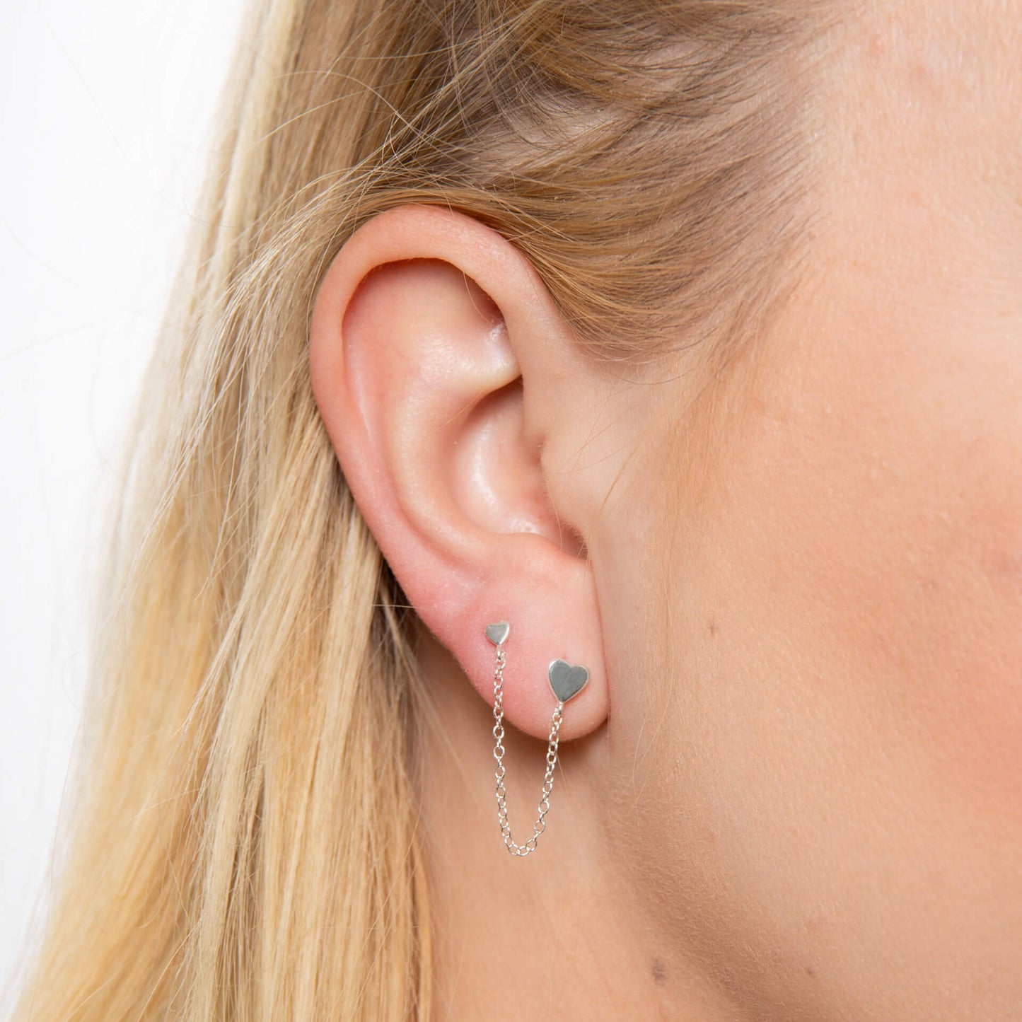 Sterling Silver Heart Chain Connector Double Stud Earrings