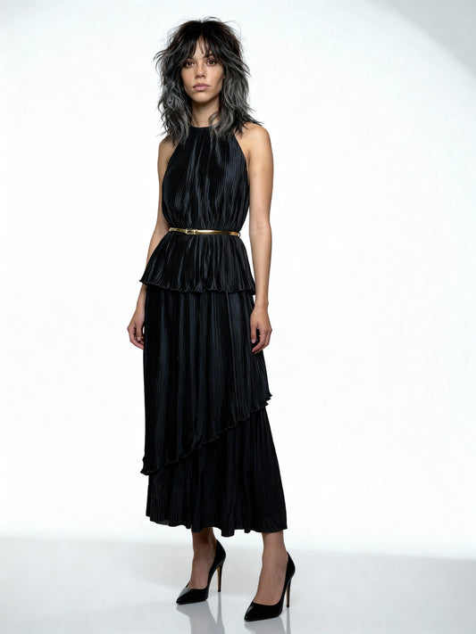1970s Black Pleated Tiered Dress – UK 10–12