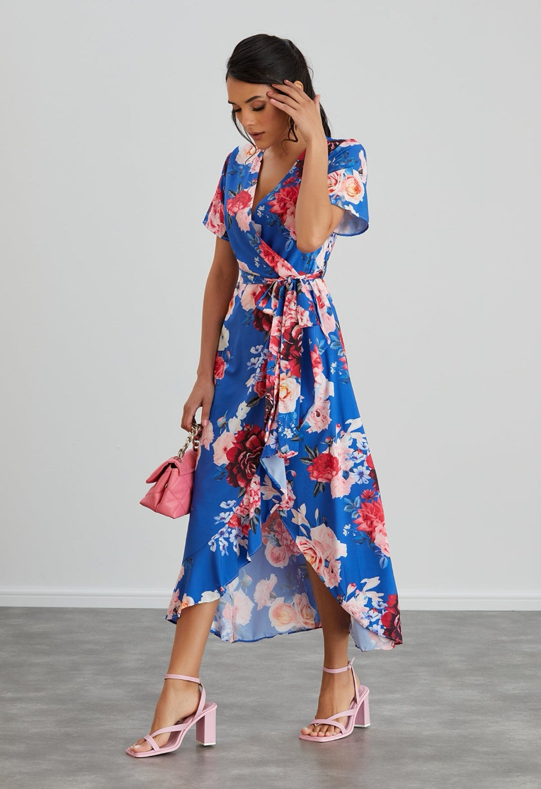 Blue Floral Wrap Midi Dress