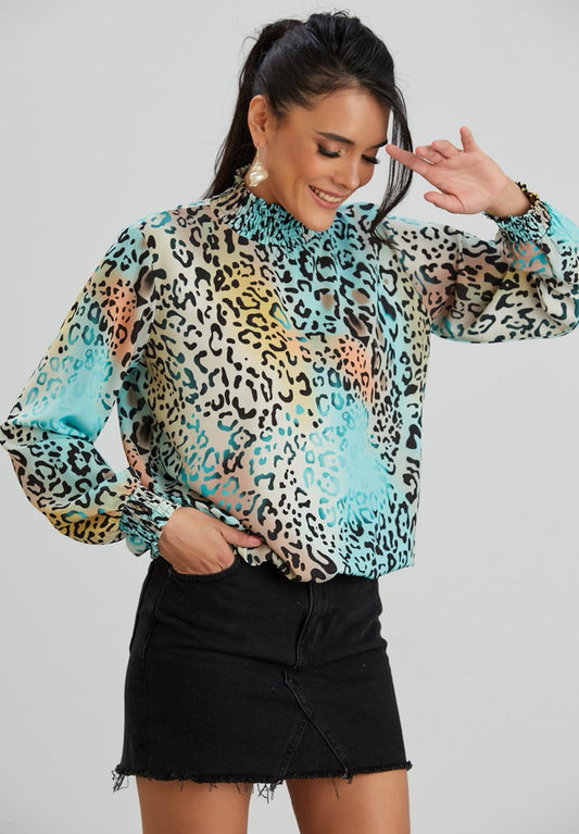 Multicolour High Neck Leopard Print Top image 0