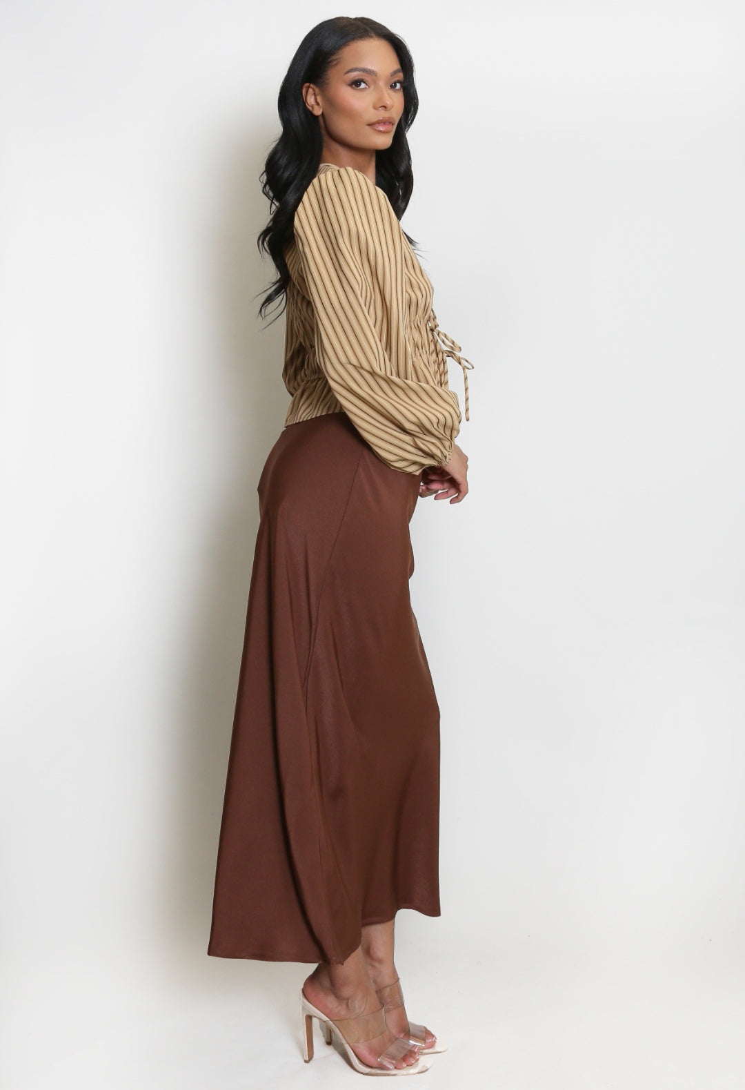 Satin Plush Bias Cut Midi Skirt - Coffee image 2