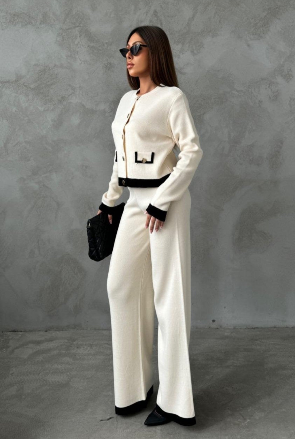 Knitted Co Ord Set with Jacket and Wide Leg Trousers - Ecru image 4