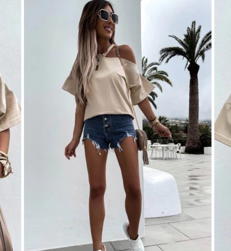 Cut Out Cold Shoulder T Shirt Top in Stone image 1