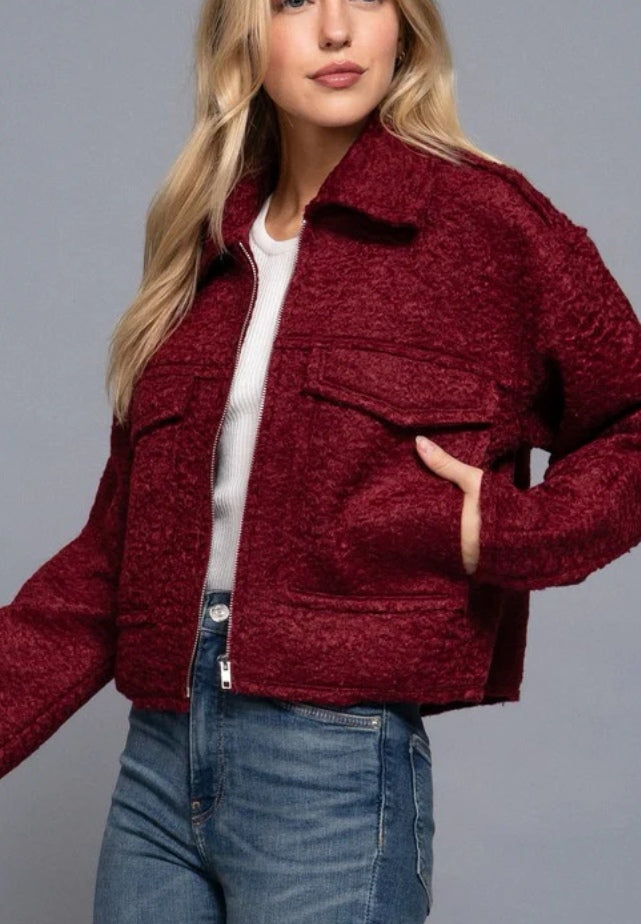 Burgundy Boucle Bomber Jacket image 2