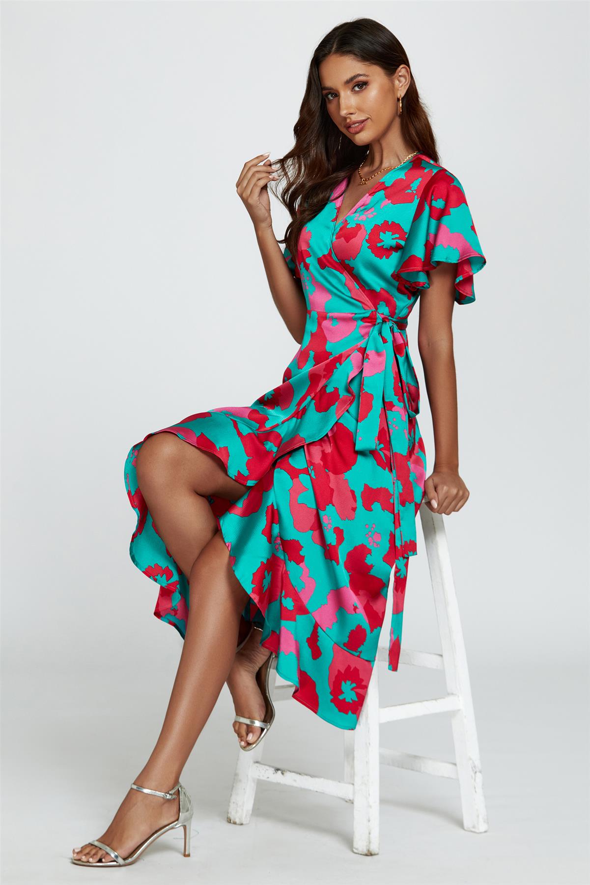 Blue and Pink Leopard Print Angel Sleeve Dress
