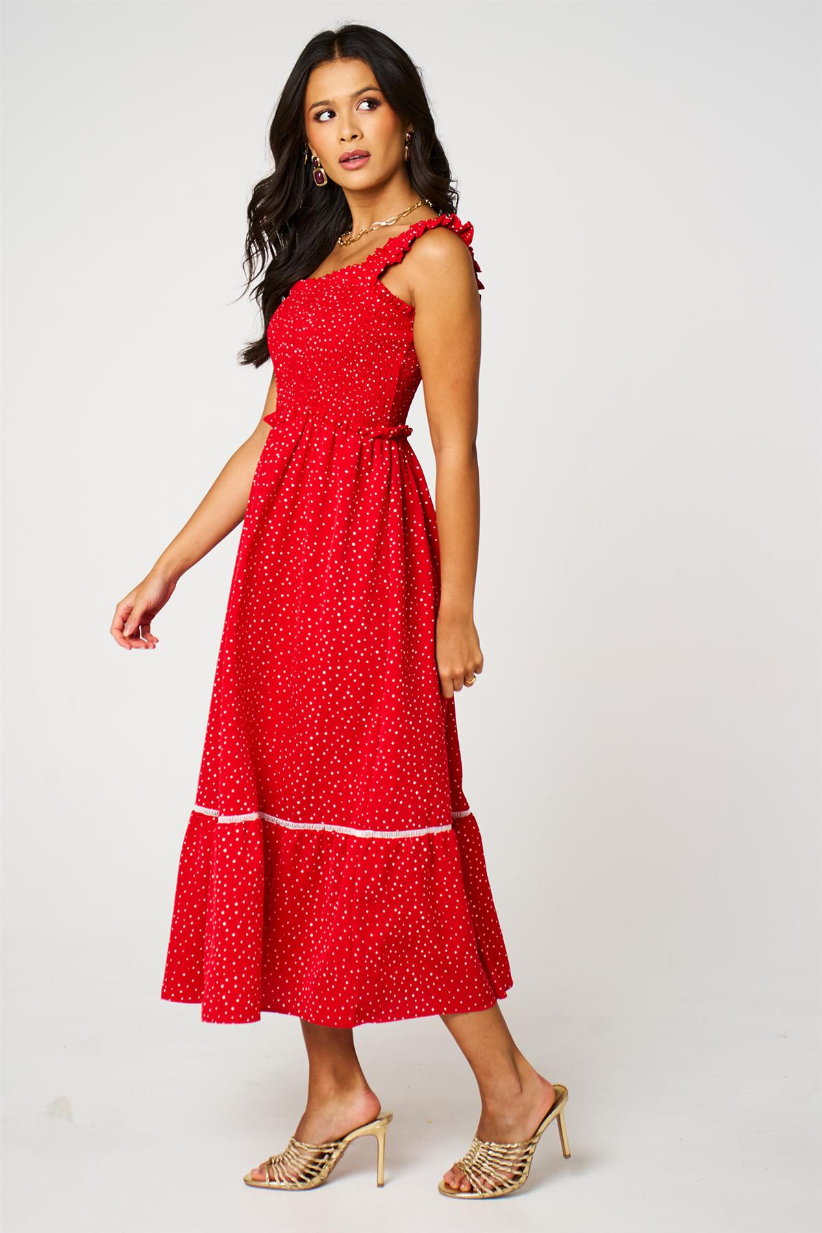 Red Dot Print Hem Detail Maxi Dress