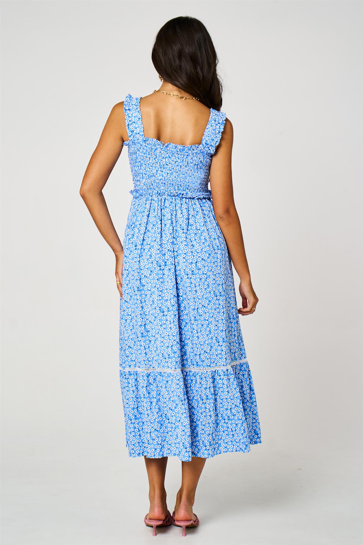 Blue Floral Print Hem Detail Maxi Dress