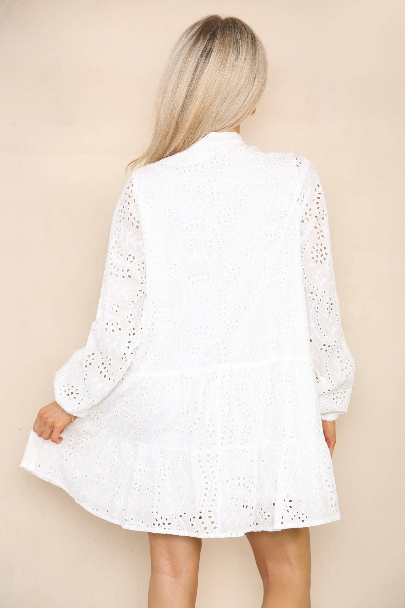 White Eyelet Tie Neck Ruffle Hem Dress