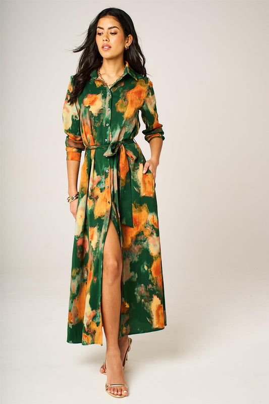 Green Abstract Floral Long Sleeve Belted Shirt Dress
