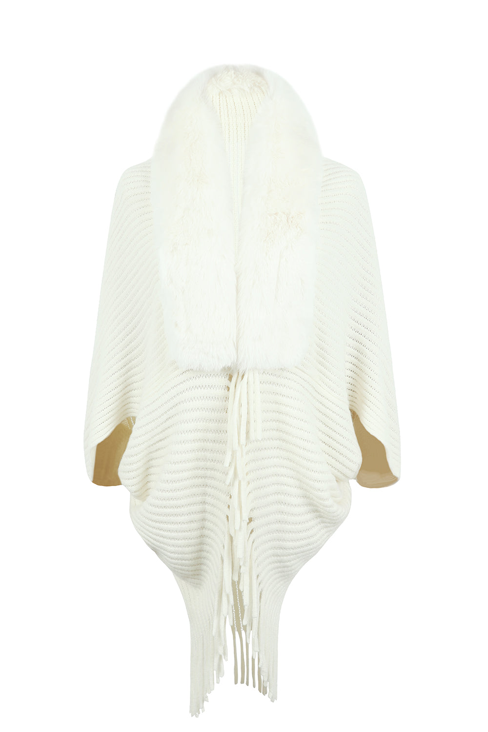 White Fringed Faux Fur Collar Ribbed Poncho
