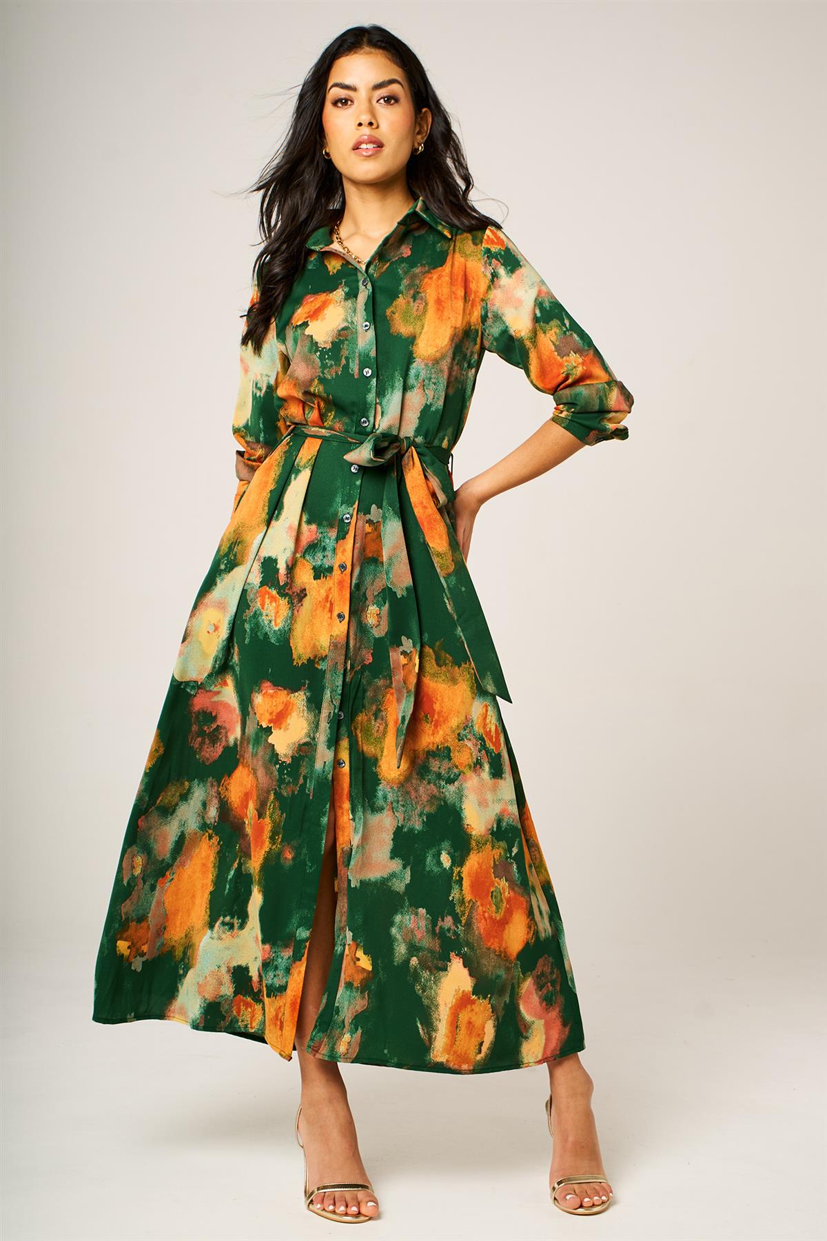 Green Abstract Floral Long Sleeve Belted Shirt Dress