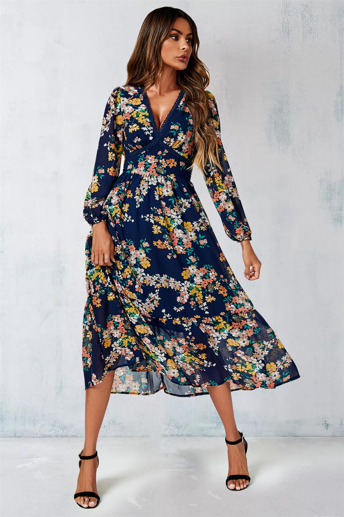 Navy Floral Print Long Sleeve Maxi Dress