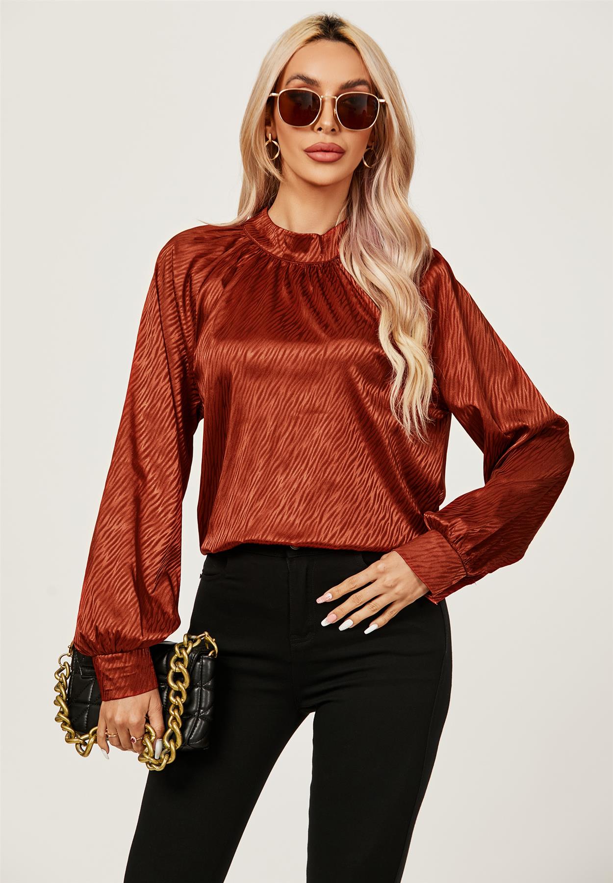 Copper Red Halter Neck Satin Long Sleeve Blouse Top