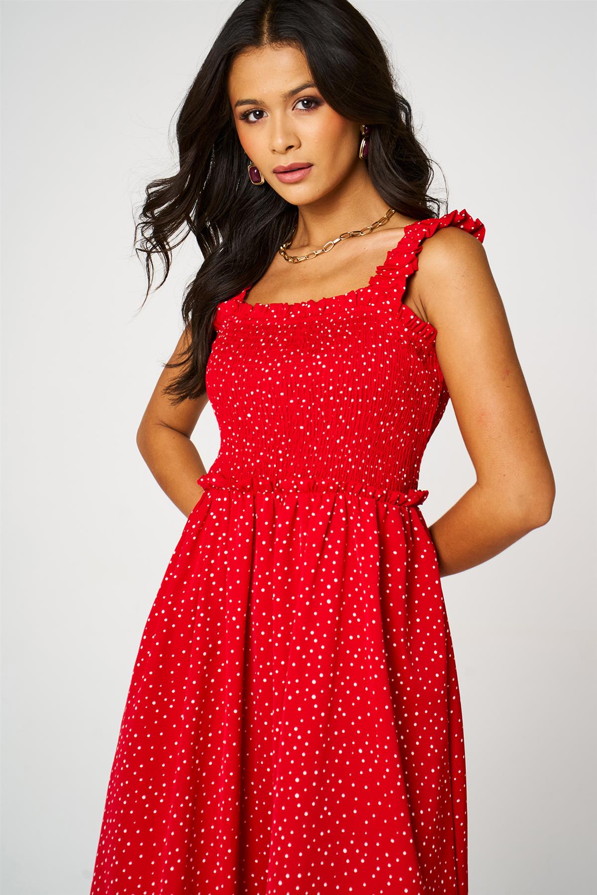 Red Dot Print Hem Detail Maxi Dress