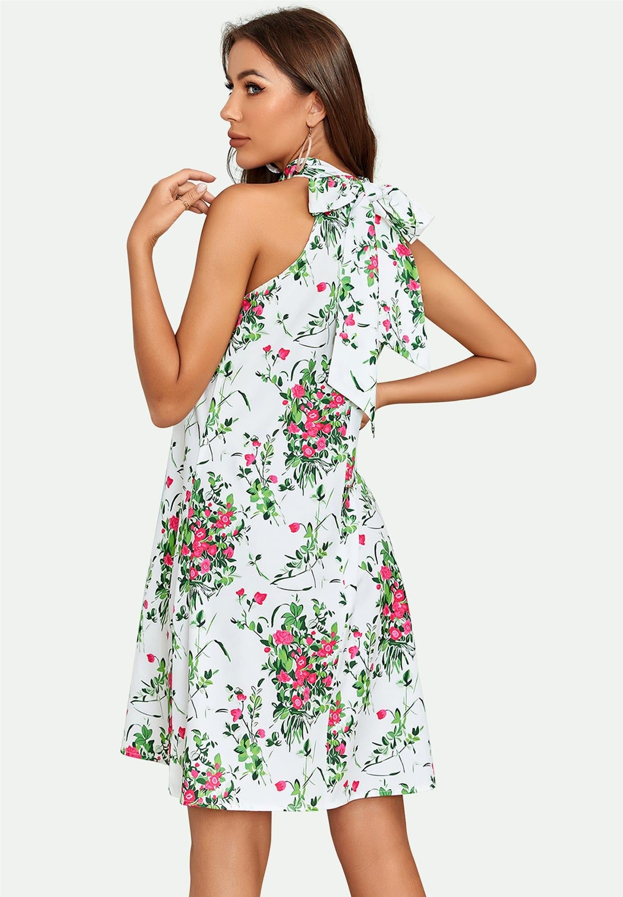 White Floral Print Halter Neck Tie Back Dress