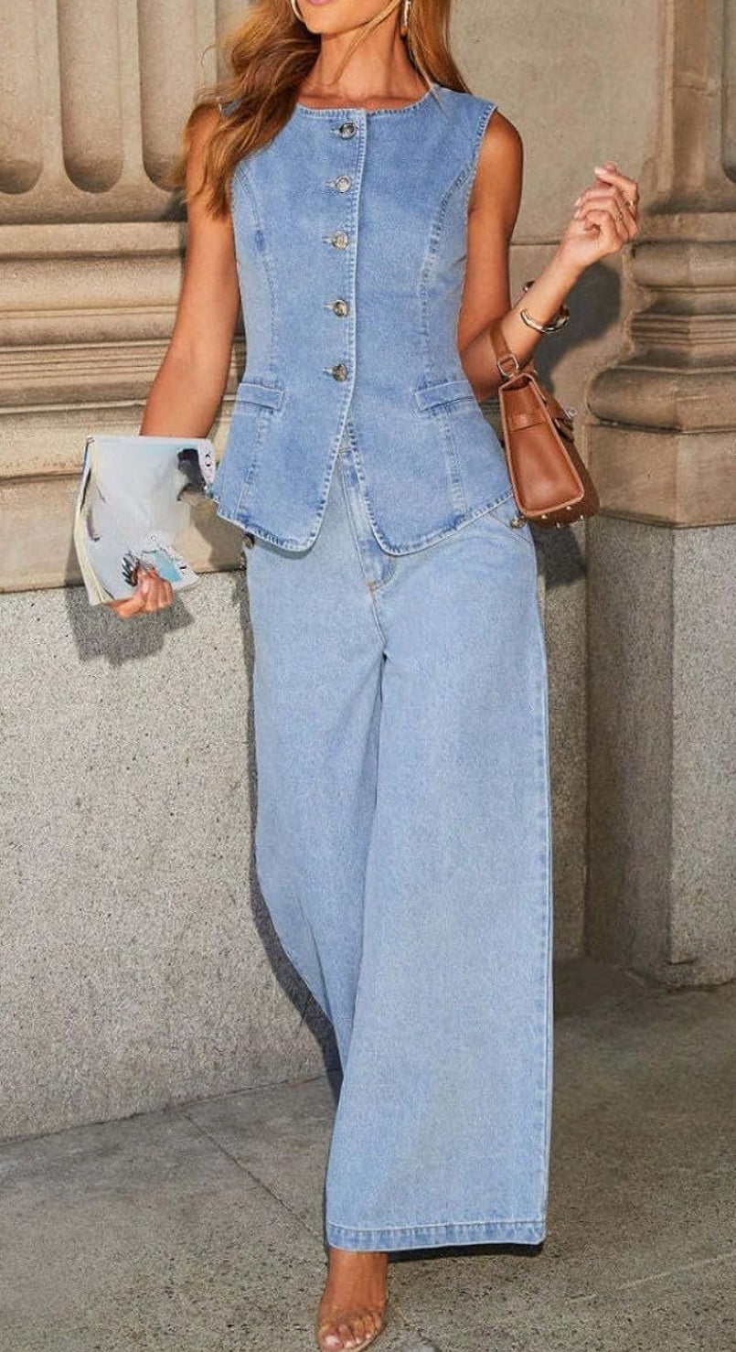 Button Detail Wide Leg Denims  image 2
