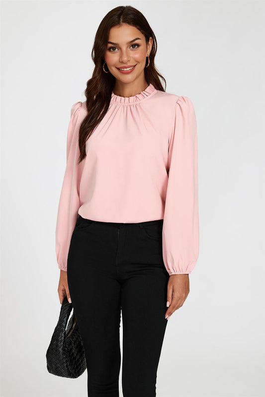 Pink Delicate Floral Print Frill Detail High Neck Top