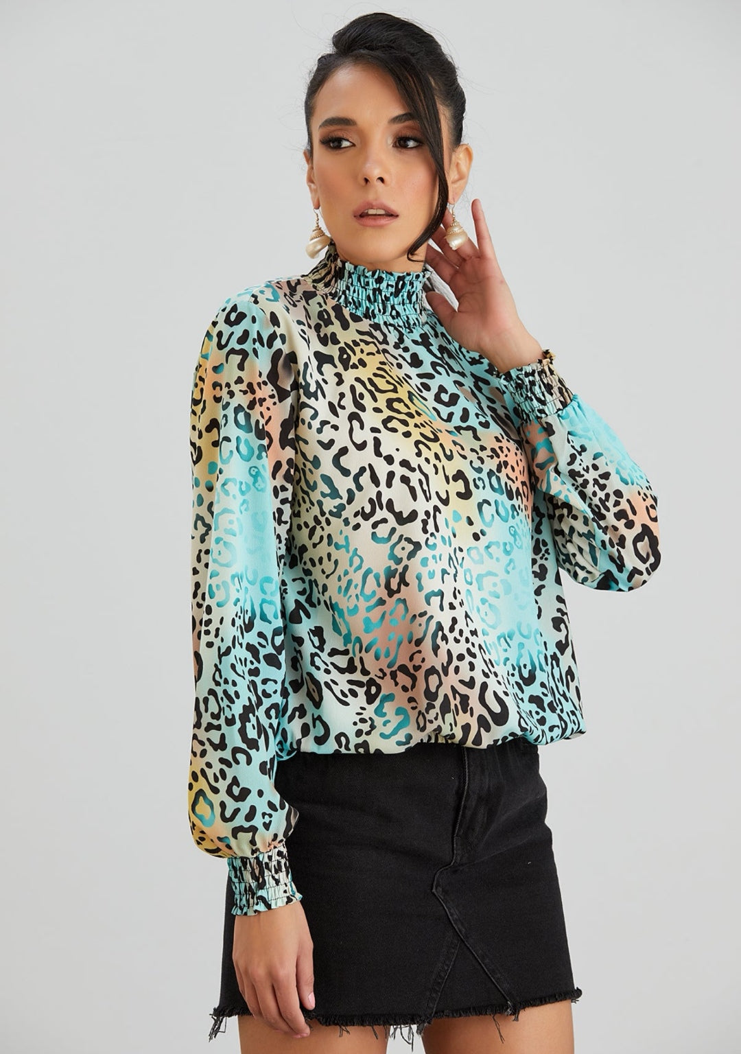 Multicolour High Neck Leopard Print Top image 1