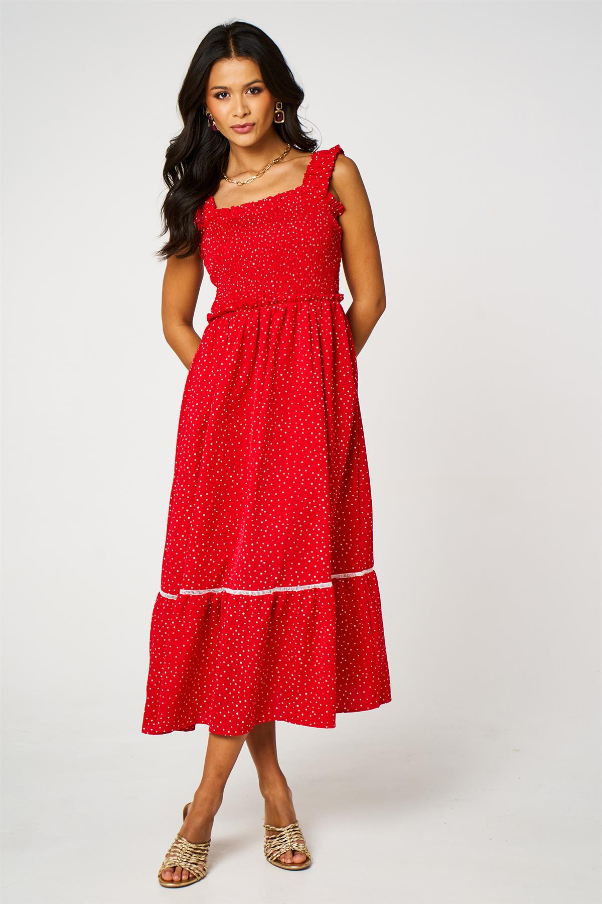 Red Dot Print Hem Detail Maxi Dress