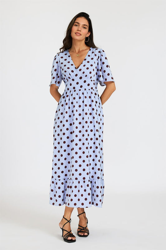 Blue Polka Dot Print Angel Sleeve Frill Hem Midi Dress
