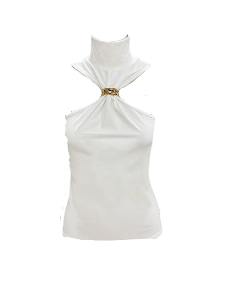 Gold Ring Turtle Neck Top - White image 2