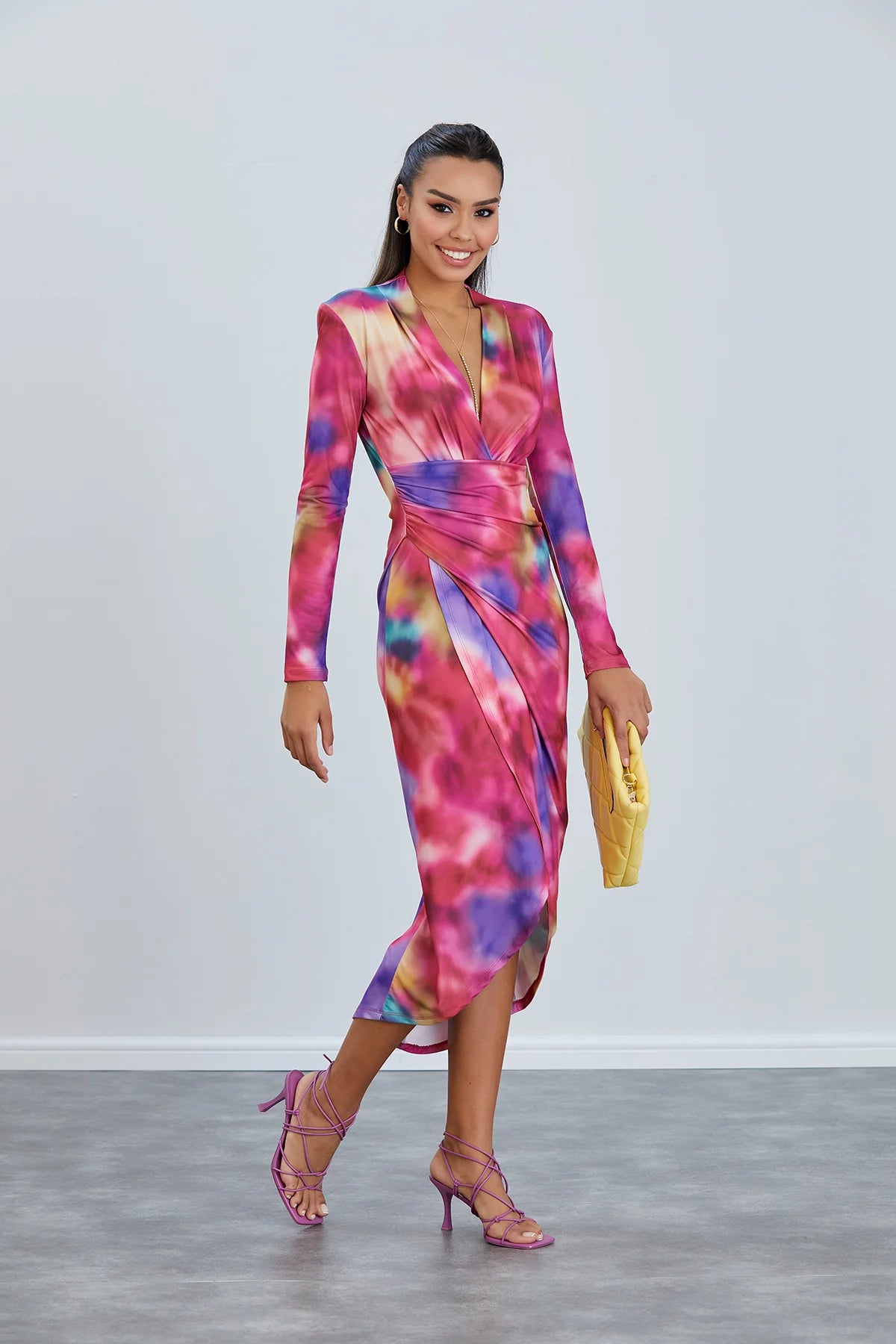 Long Sleeve Wrap Midi Dress in Tie-Dye Print - Pink - By Jenerique image 3