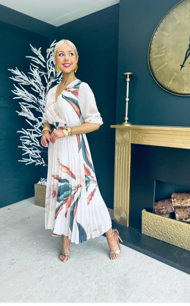 Floral Pleated Belted Midi Dress in Cream image 2