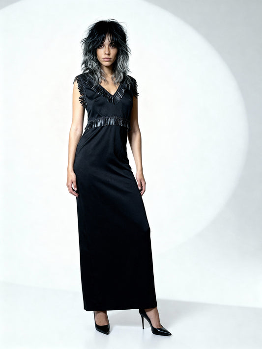 1970s Black Maxi Dress with Faux Leather Detail – UK 14–16