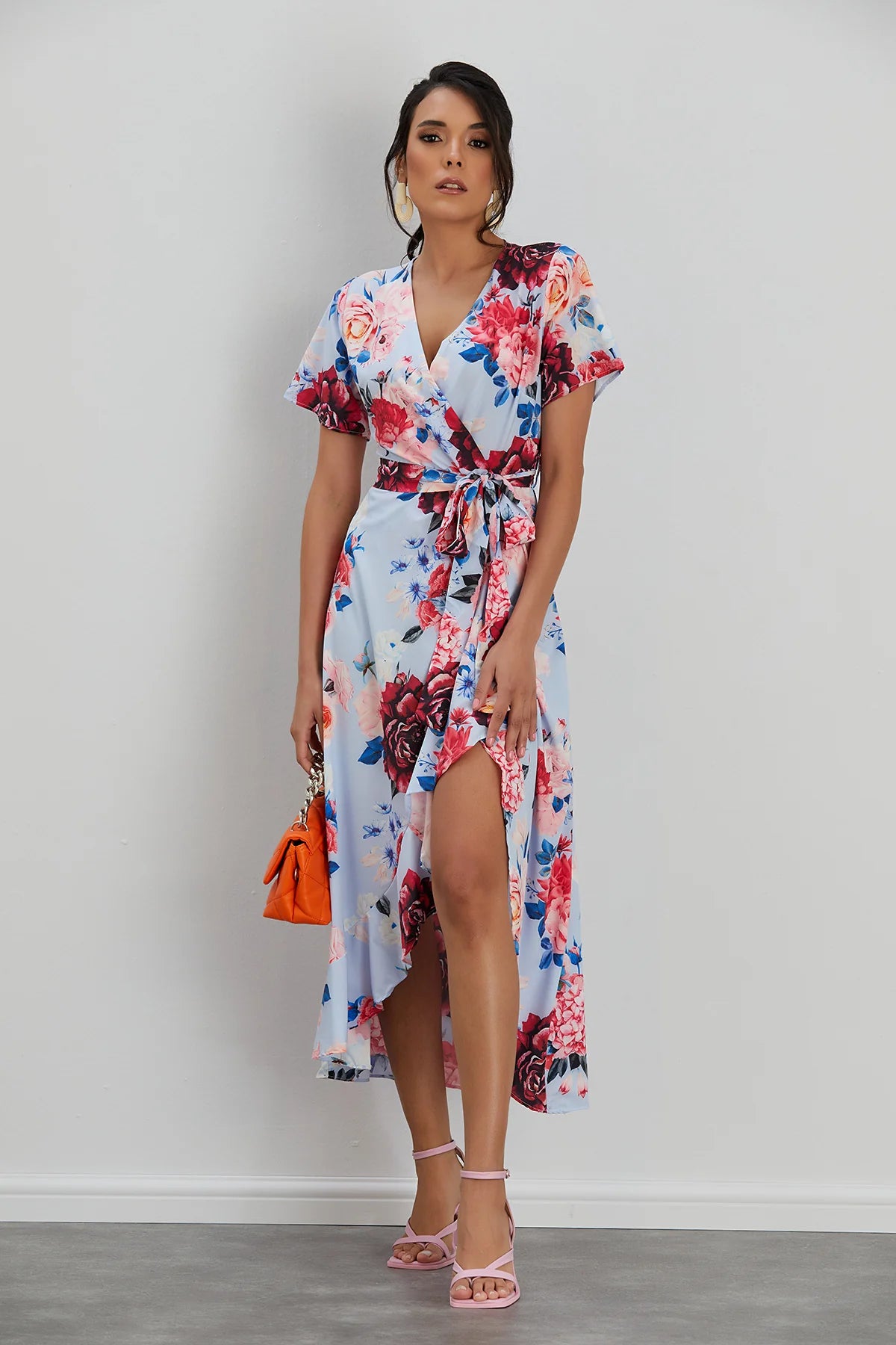 Wrap Midi Dress with Frill Skirt - Light Blue by Jenerique image 2