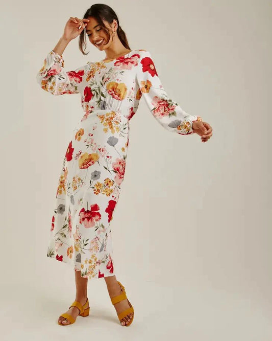 White Floral Chiffon Maxi Dress