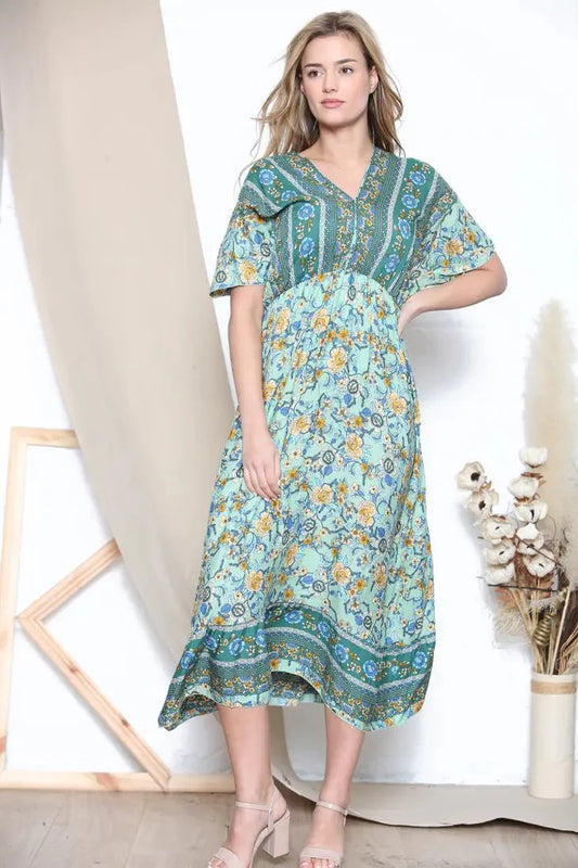 Floral Pattern V Neck Dress - 2 Colour Options