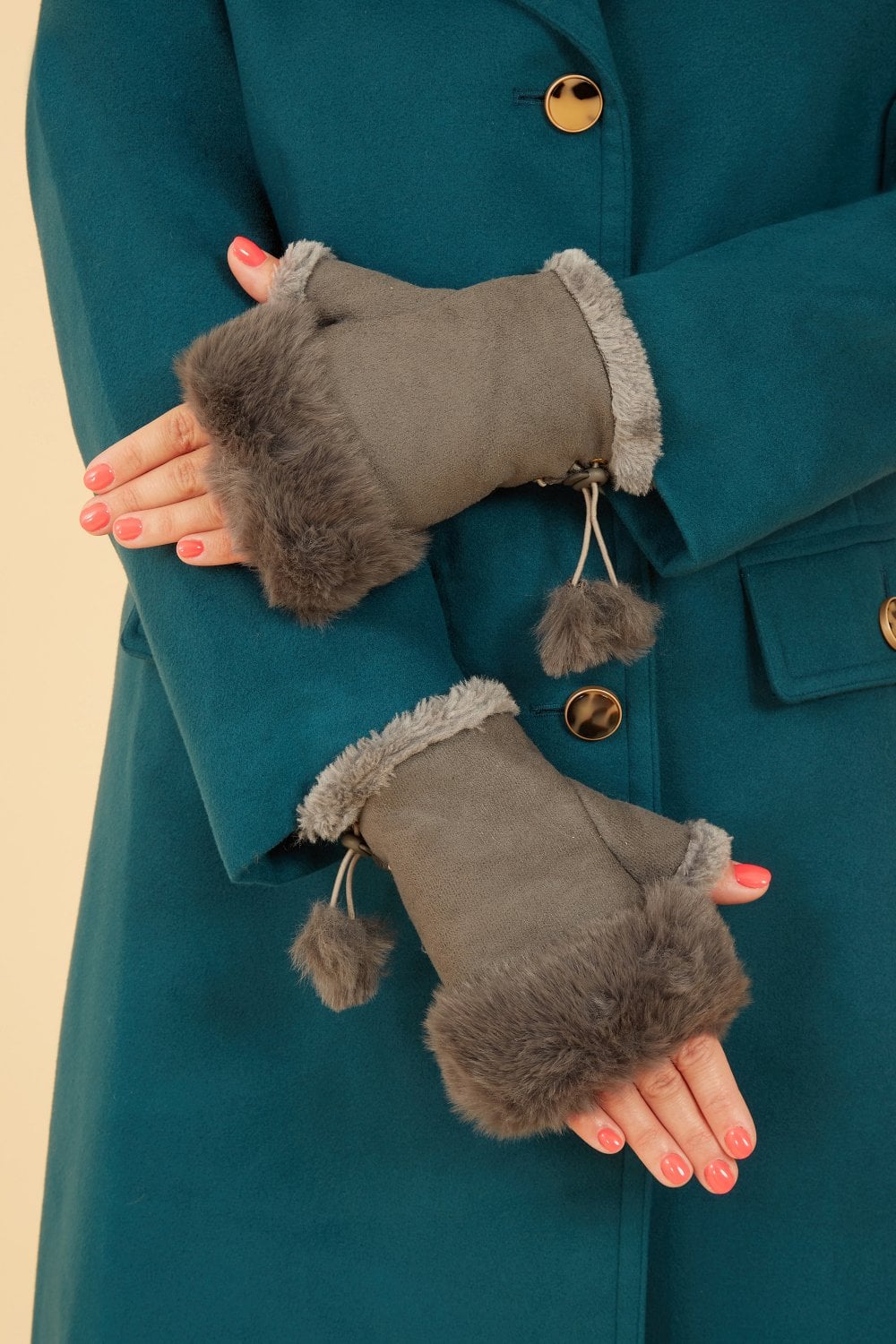 Grey Fur Fingerless Suede Mittens