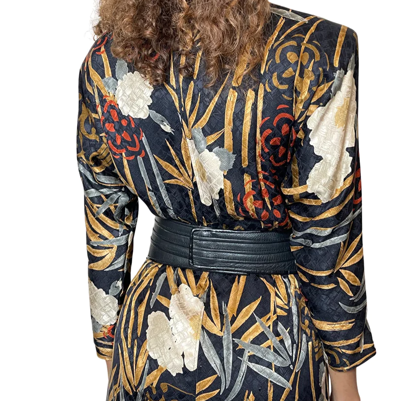 1980's Original Vintage Black Floral Silk Dress Uk 10 - 12