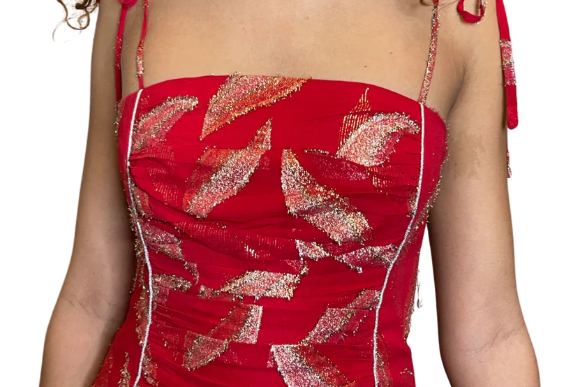 Vintage 1970's Original Red & Gold Silver Cocktail Dress Uk 8 - 10