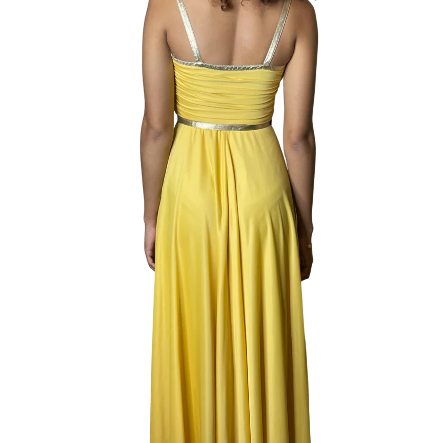 Original 1970's Vintage Yellow & Gold Strap Maxi Dress