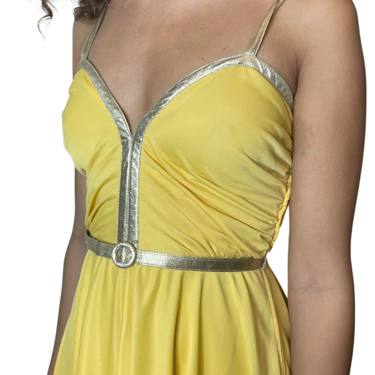 Original 1970's Vintage Yellow & Gold Strap Maxi Dress