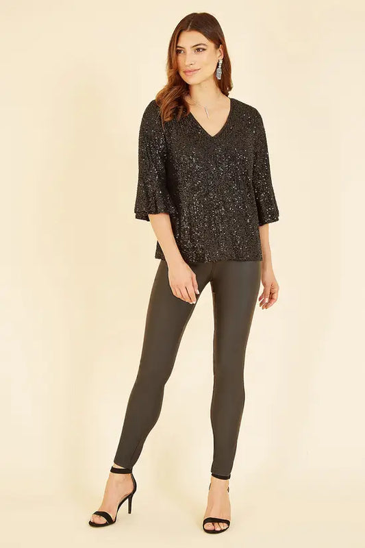 Black Sequin Fluted Top