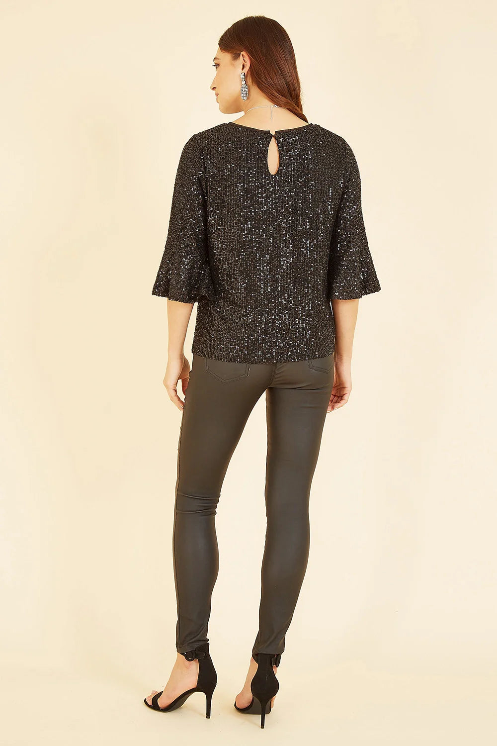 Black Sequin Fluted Top